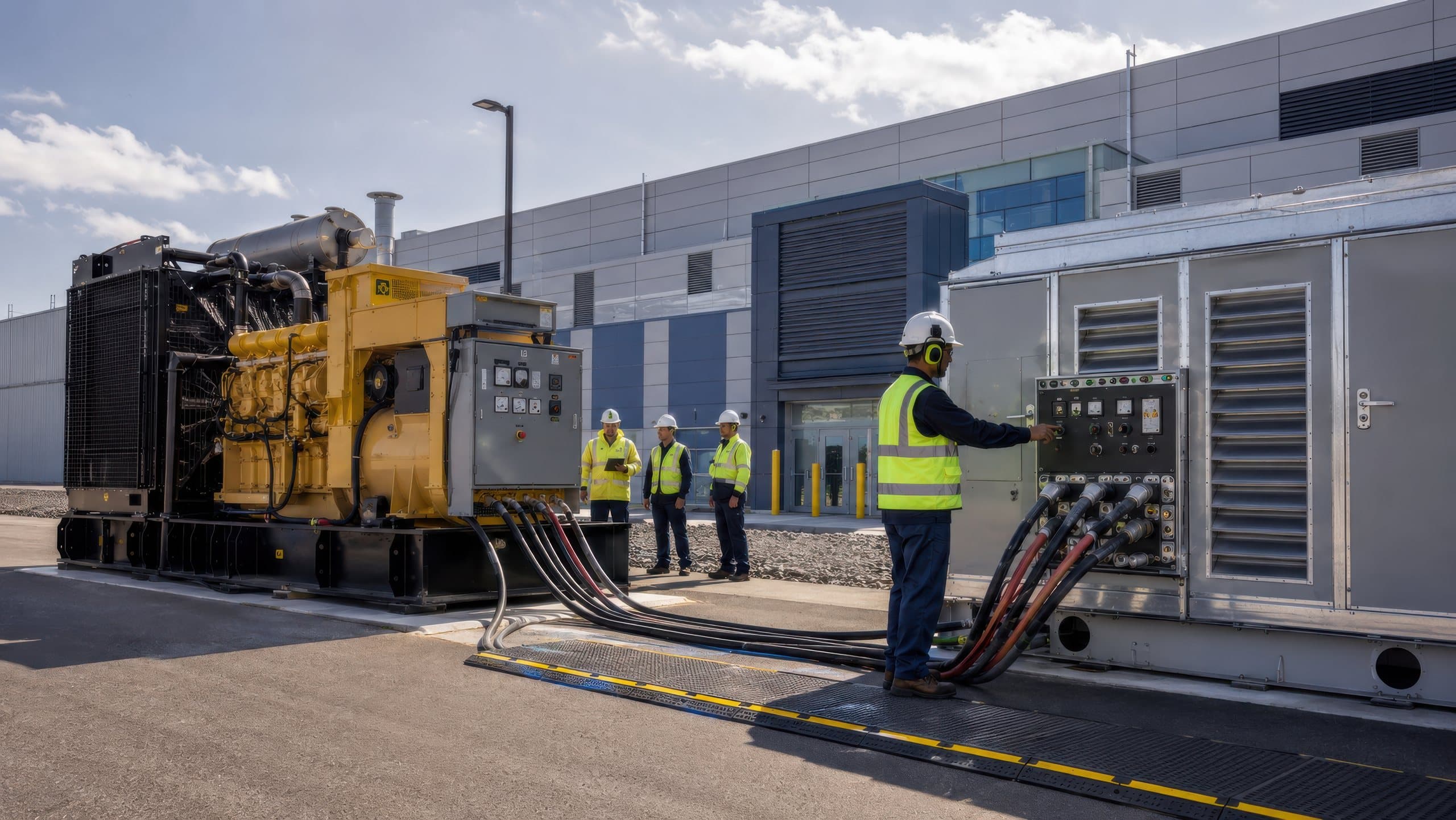Crew connecting cable between a generator and switchgear outside a facility